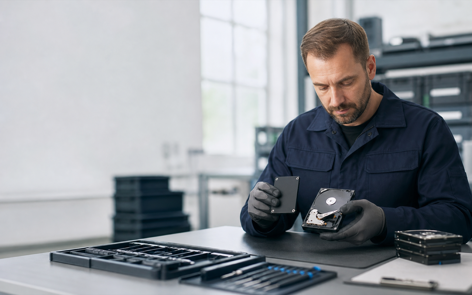 Techniker prüft HDD und SSD vor der dokumentierten Datenlöschung